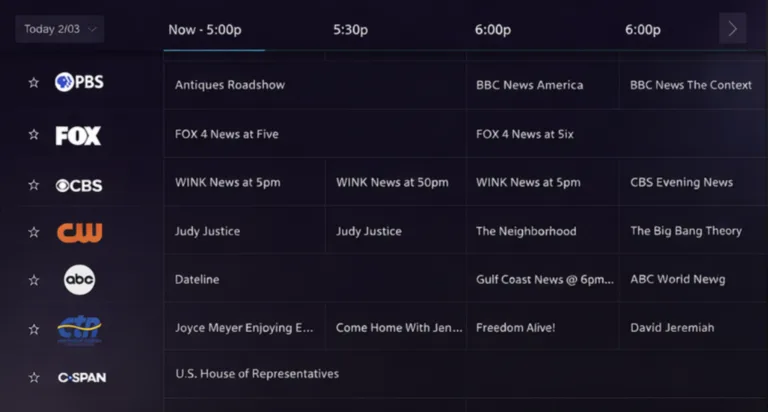 Screenshot of the Xfinity TV channel guide on a dark-themed interface, showing live programming listings for PBS, FOX, CBS, CW, ABC, and C-SPAN across multiple time slots.