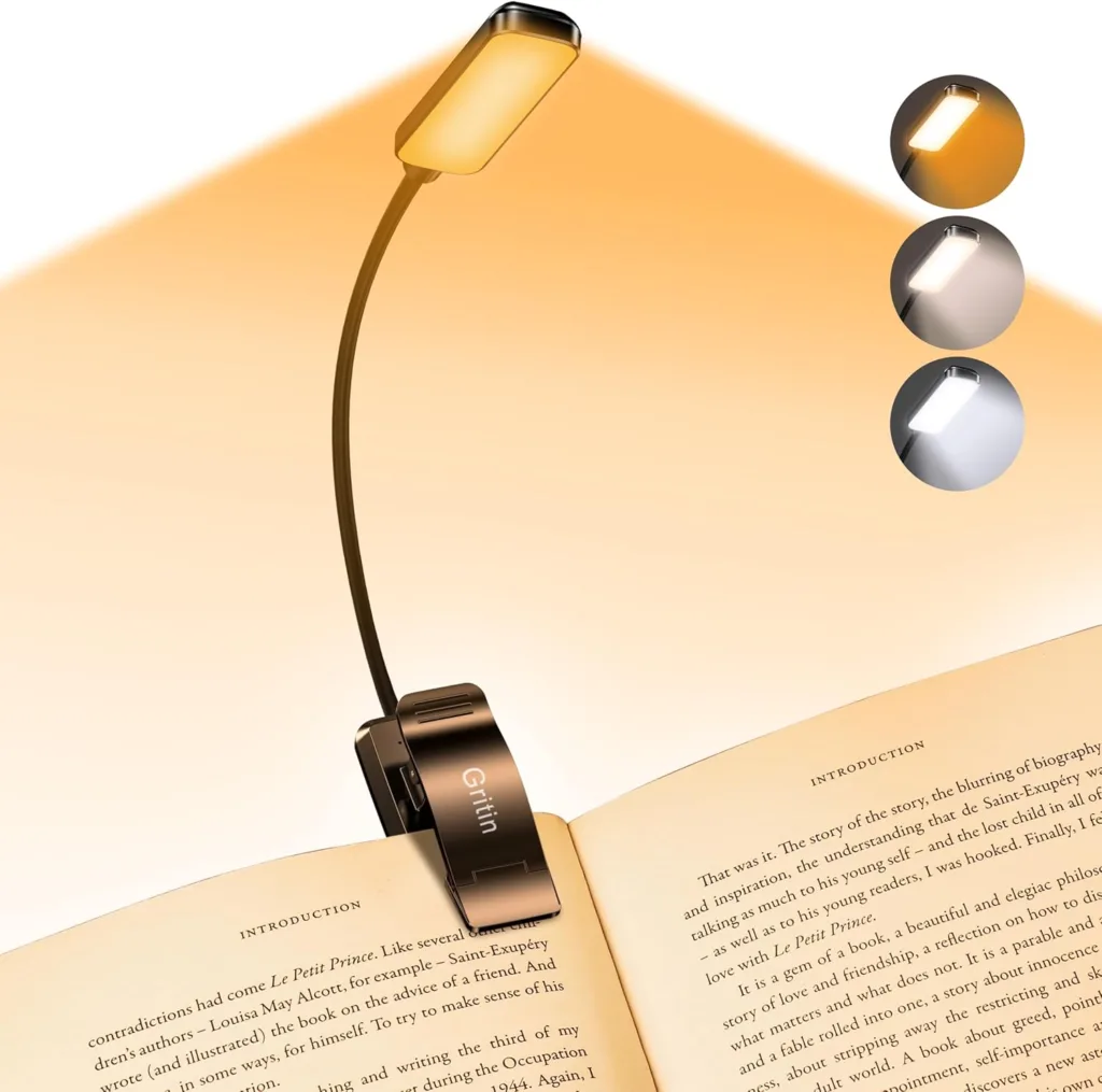 Clip-on LED book light attached to an open paperback