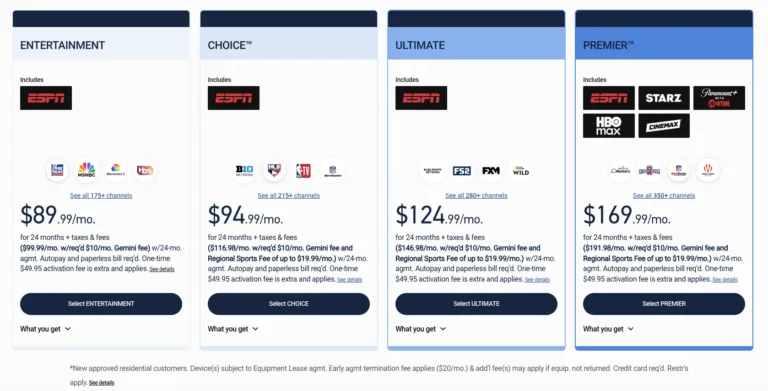 Screenshot of DIRECTV's pricing page showing four package tiers — Entertainment, Choice, Ultimate, and Premier — ranging from $89.99 to $169.99 per month for 24 months, with channel counts and included networks displayed for each plan.