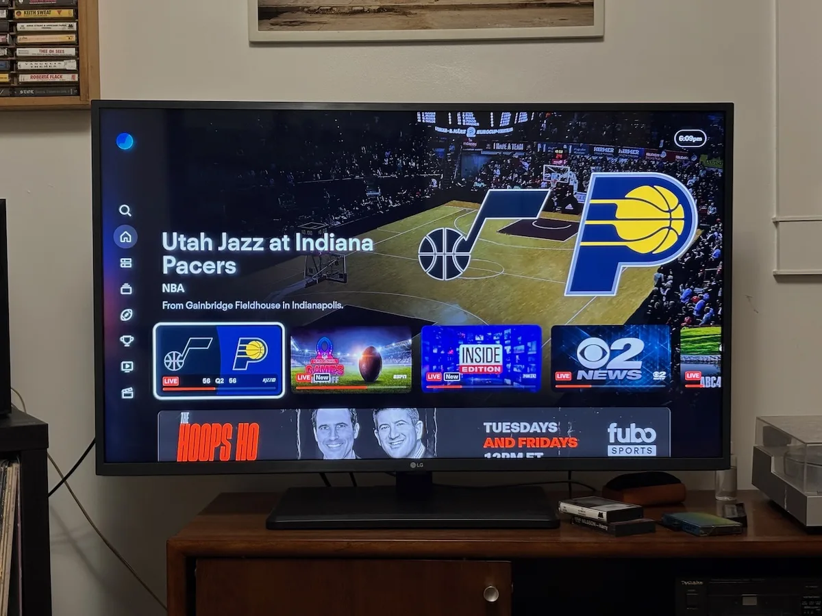 Fubo home screen showing Utah Jazz vs Indiana Pacers live game
