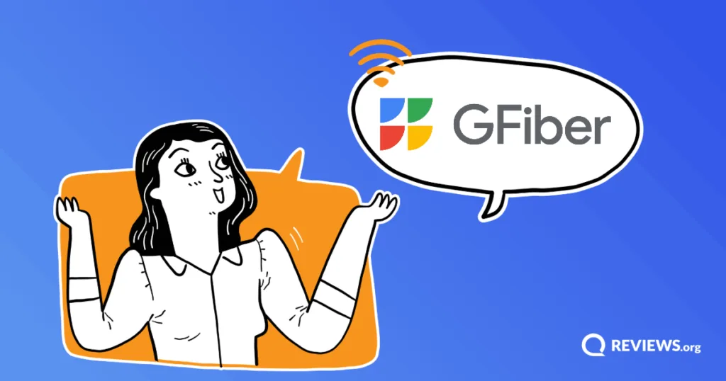 Illustrated woman pointing to a speech bubble with the GFiber logo. Image Credit: Google/Google.fiber.com