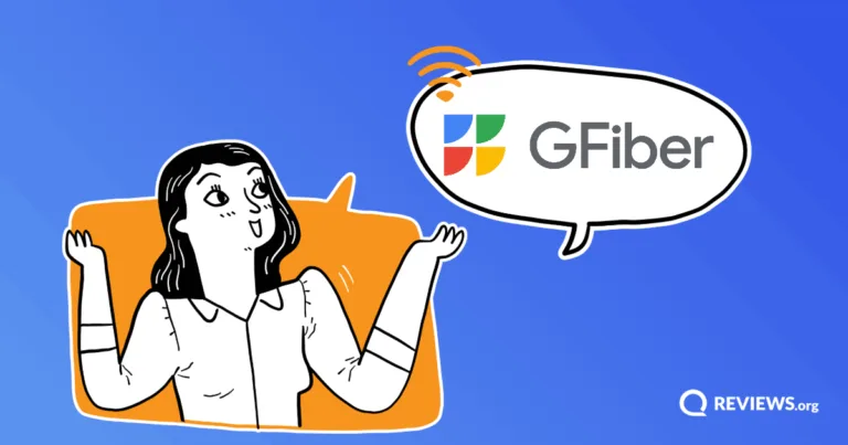 Illustrated woman pointing to a speech bubble with the GFiber logo. Image Credit: Google/Google.fiber.com