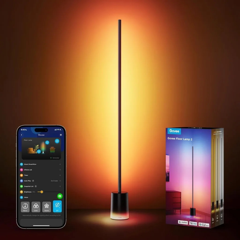 Govee smart floor lamp lit up in a living room
