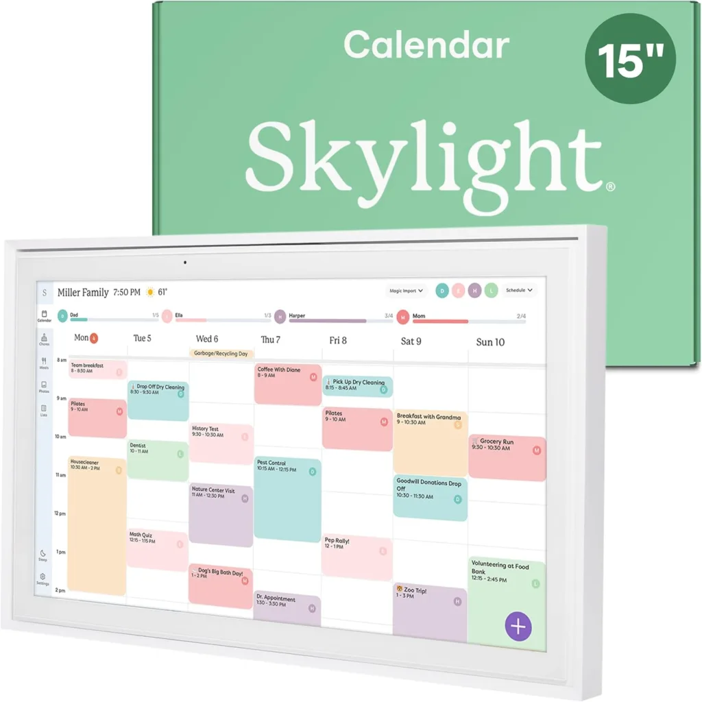 Skylight Calendar 15-inch wall-mounted digital display showing a family calendar