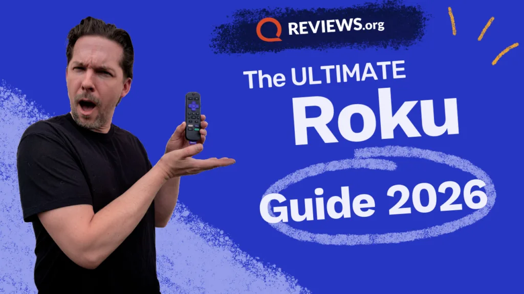 Man holding a Roku remote control with a surprised expression, next to text reading "The Ultimate Roku Guide 2026" on a blue background