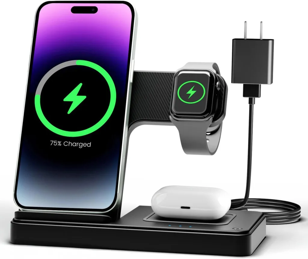 Multi-device wireless charging station with phone, earbuds, and watch