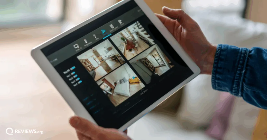 Person monitoring multiple home security camera feeds on a screen. Image Credit: iStock/Hispanolistic