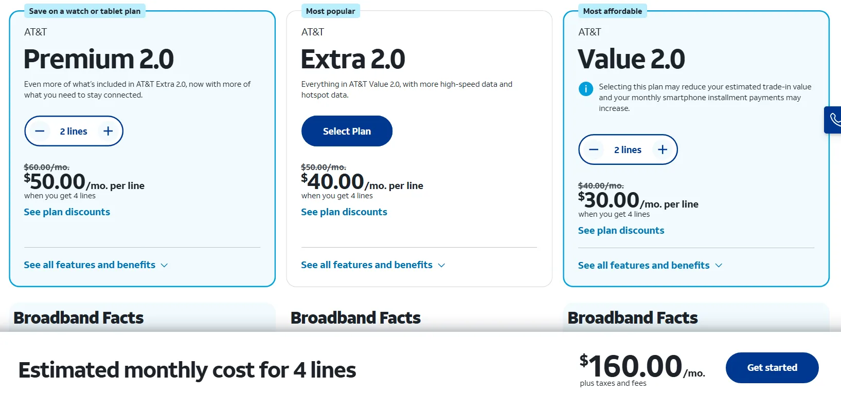An image showing how much your monthly payment will be if you combine 2 lines of Premium 2.0 and Value 2.0, totaling $160/mo.
