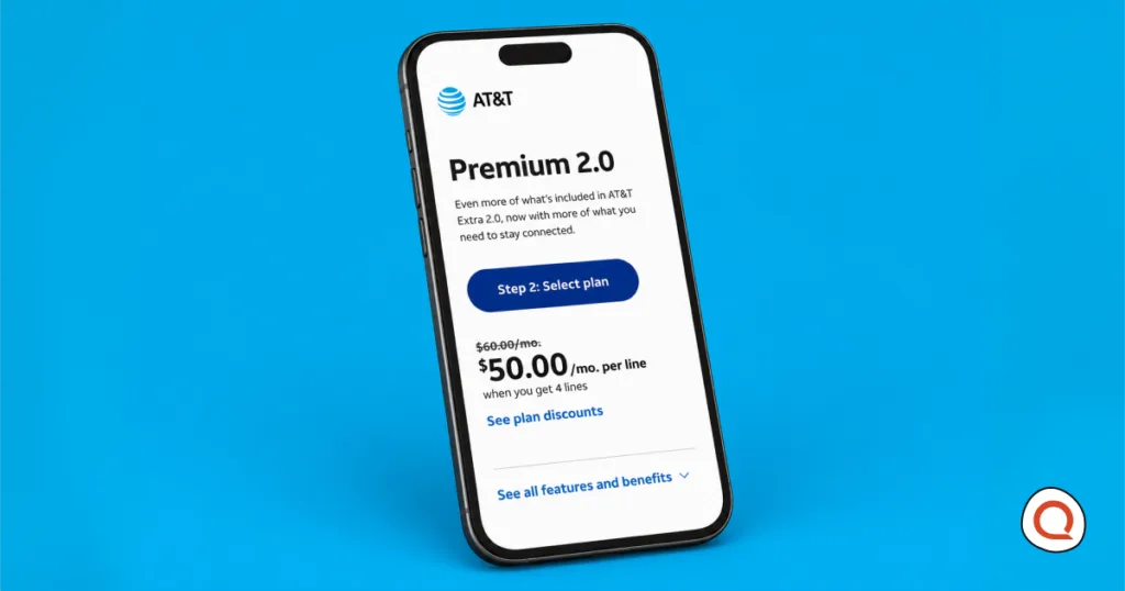 AT&T Premium 2.0 plan displayed on an iPhone screen showing $50.00 per month per line when you get 4 lines.