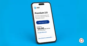 AT&T Premium 2.0 plan displayed on an iPhone screen showing $50.00 per month per line when you get 4 lines.