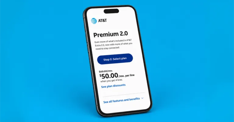 AT&T Premium 2.0 plan displayed on an iPhone screen showing $50.00 per month per line when you get 4 lines.