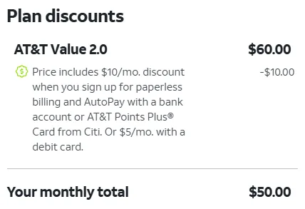 An image showing how AT&T Value 2.0 is only priced at $50 per line if you sign up for paperless billing and Autopay.