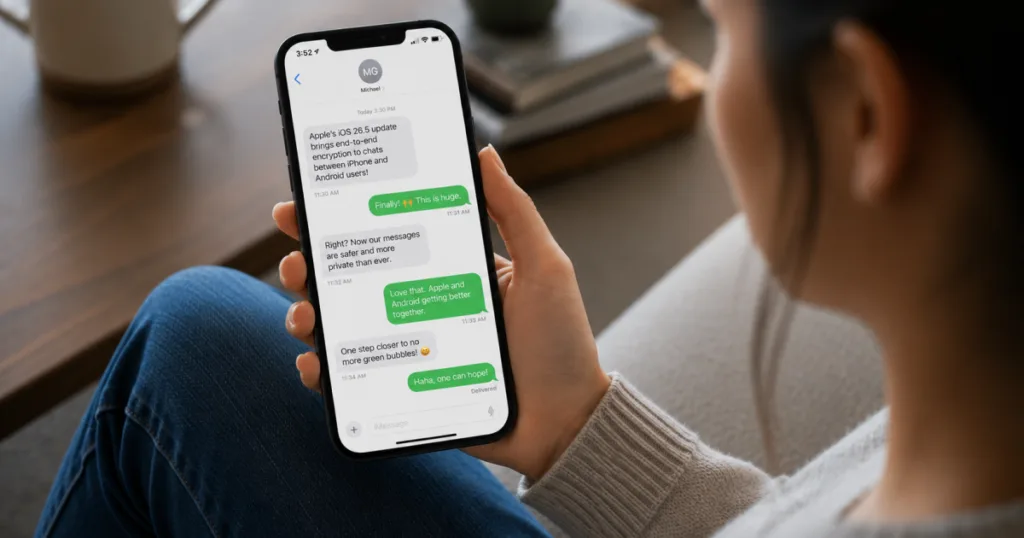Woman holding an iPhone displaying an iMessage conversation about end-to-end encryption between iPhone and Android users