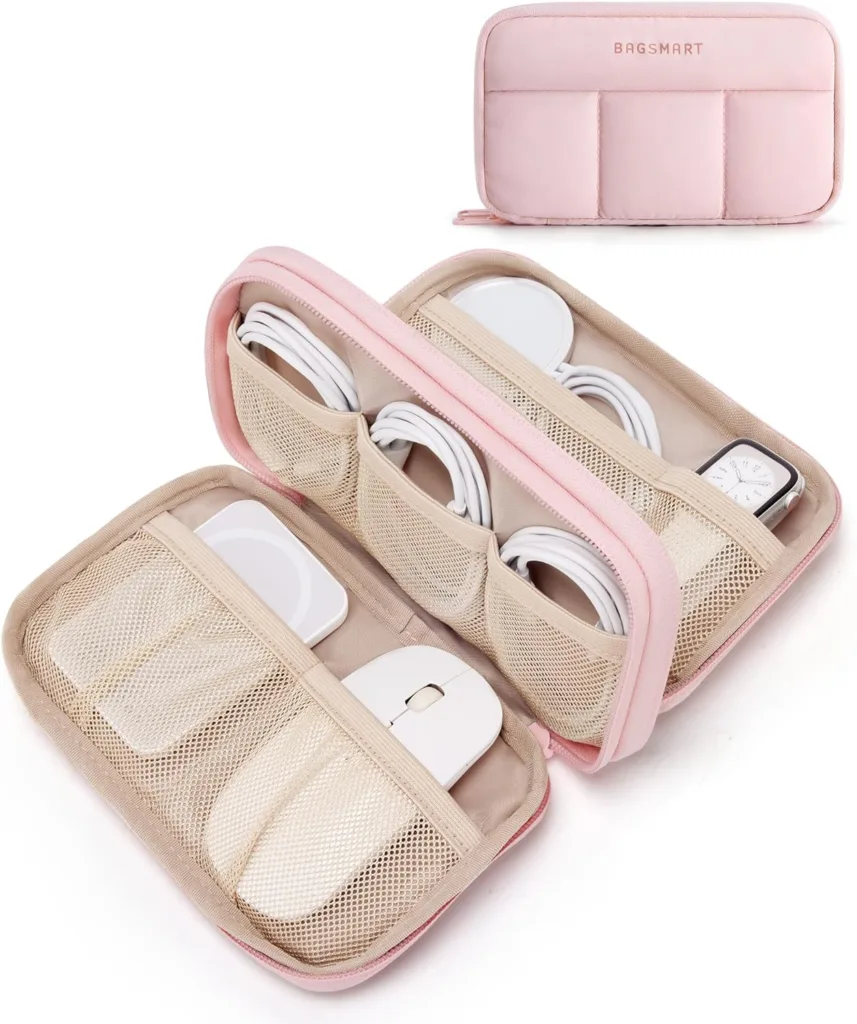 BAGSMART electronics organizer open showing cables and chargers.