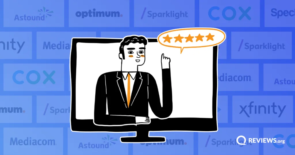 Illustrated man emerging from a TV screen pointing upward with a five-star rating speech bubble, surrounded by cable TV provider logos