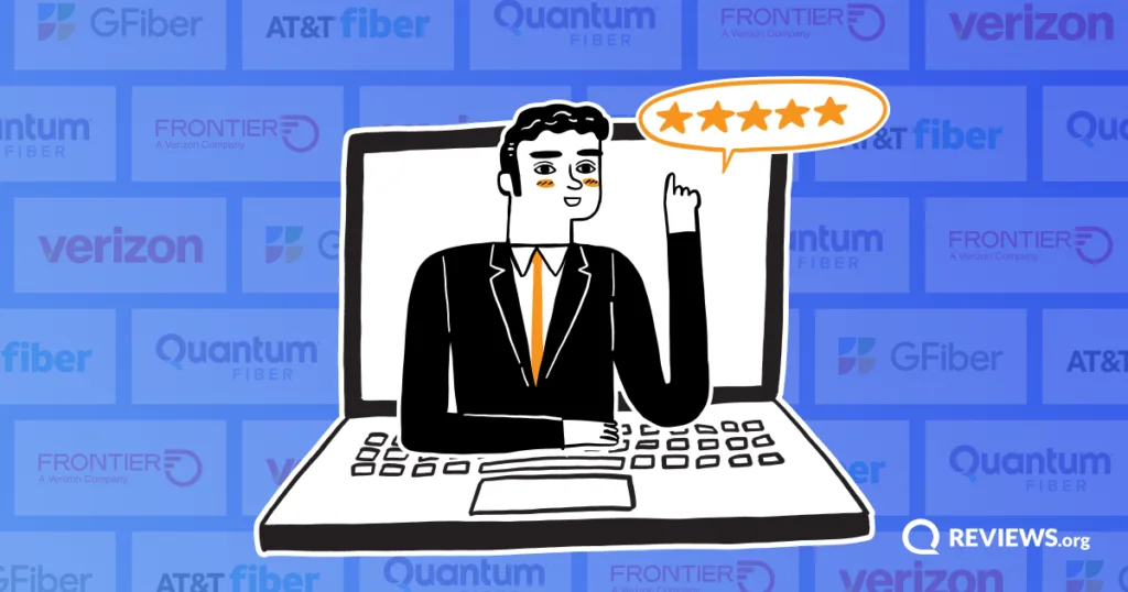 Cartoon man coming out of laptop pointing to rating stars with fiber internet provider logos in the background