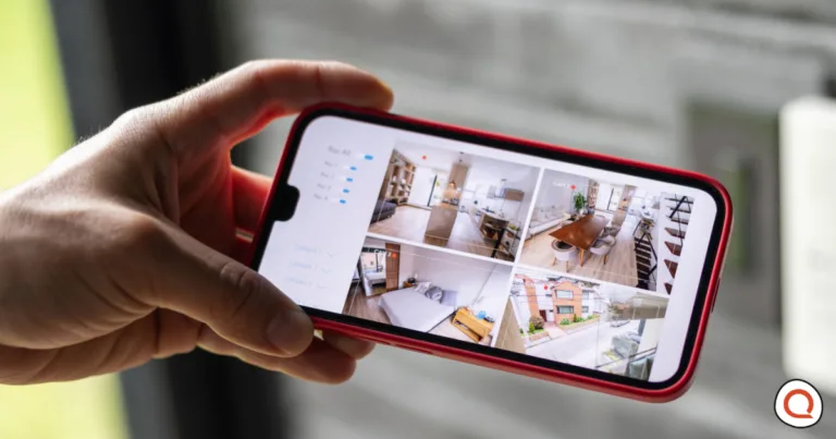 Smartphone displaying multiple live feeds from AI home security cameras monitoring rooms and outdoor areas in real time