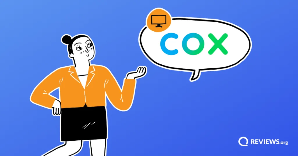 Illustrated woman gesturing toward a speech bubble with the Cox logo and a TV icon badge.