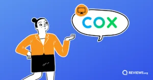 Illustrated woman gesturing toward a speech bubble with the Cox logo and a TV icon badge.