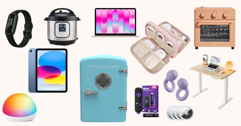 Graduation gift ideas including smartwatch, tablet, laptop, mini fridge, desk setup, streaming device, and smart home gadgets