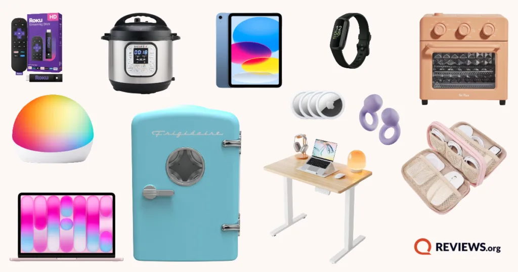 Graduation gift ideas including smartwatch, tablet, laptop, mini fridge, desk setup, streaming device, and smart home gadgets