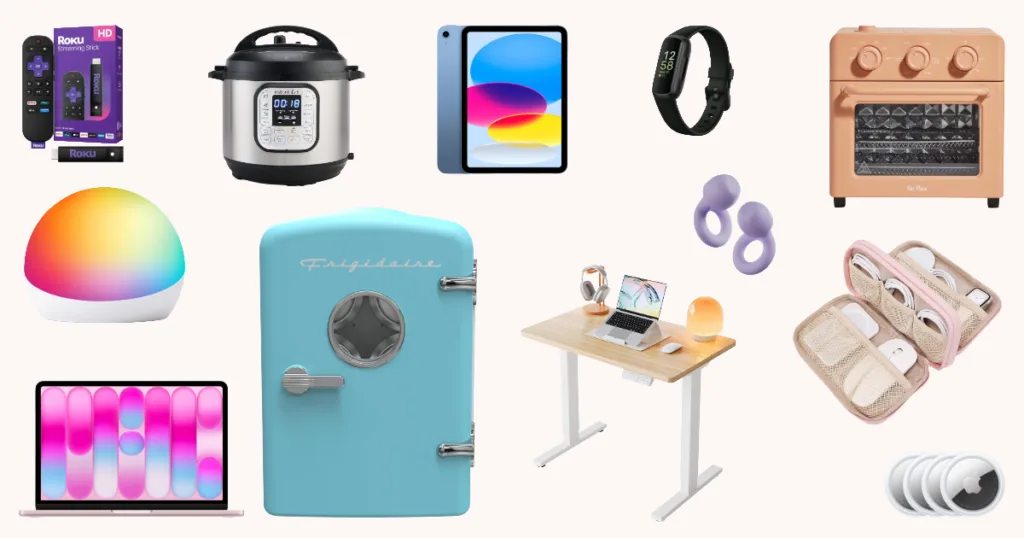 Graduation gift ideas including smartwatch, tablet, laptop, mini fridge, desk setup, streaming device, and smart home gadgets