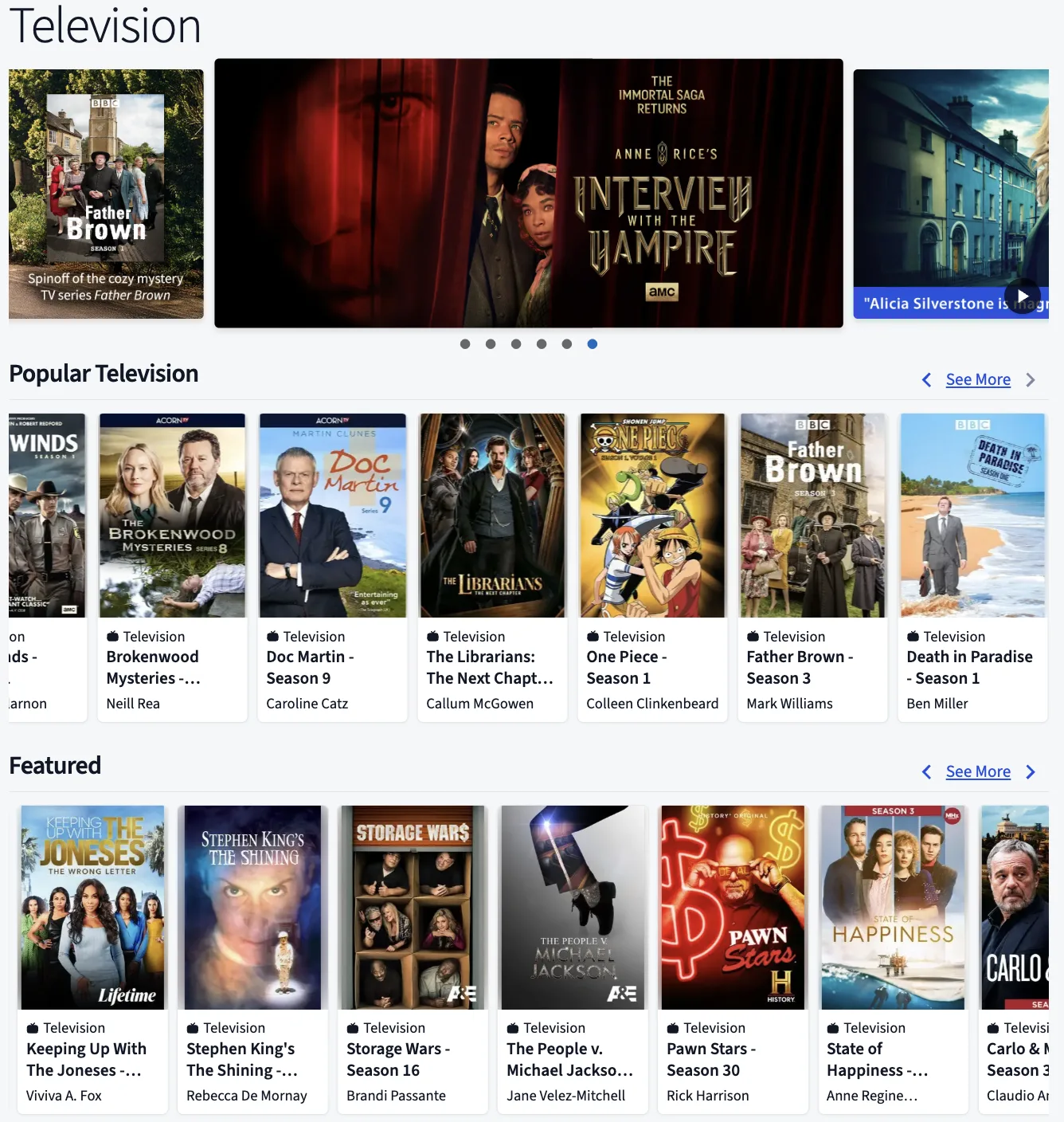 Hoopla browse page showing Television section with popular titles including Doc Martin, Father Brown, One Piece, and Death in Paradise.
