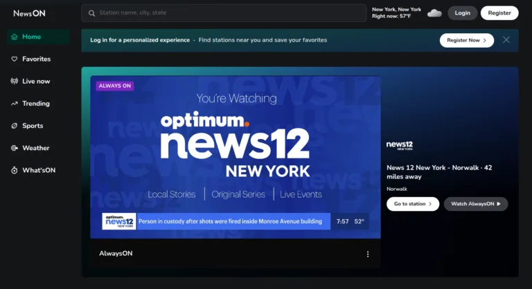 The NewsON app interface showing a live stream of News 12 New York playing on the home screen