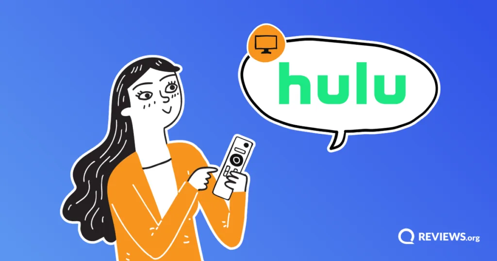 Illustrated woman holding a TV remote with a speech bubble displaying the Hulu logo