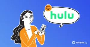Illustrated woman holding a TV remote with a speech bubble displaying the Hulu logo