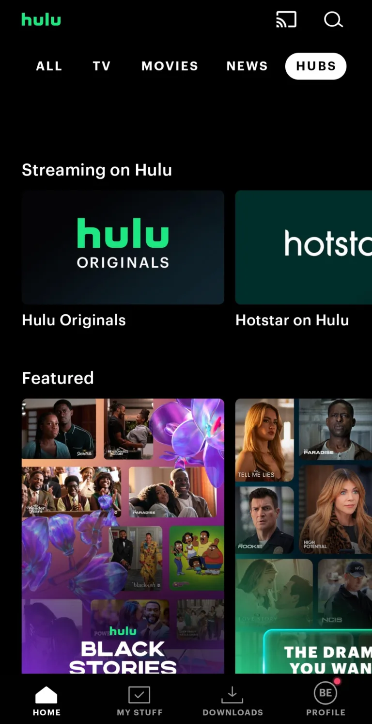 A screenshot of the Hulu mobile app displaying the Hubs section