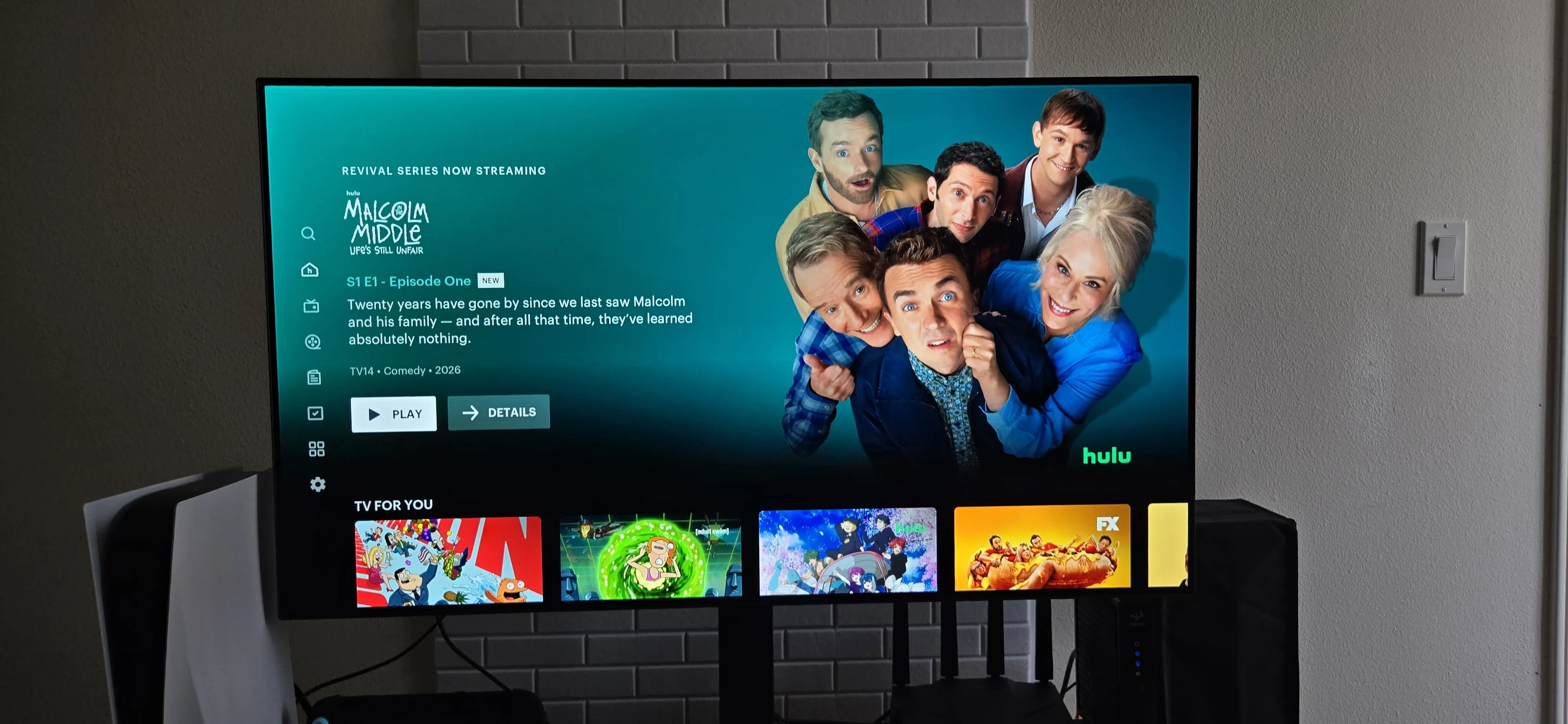 Hulu’s homepage, featuring “Malcolm in the Middle: Life's Still Unfair” as the main highlight. Below it, there is a list of recommended TV shows based on my viewing habits.