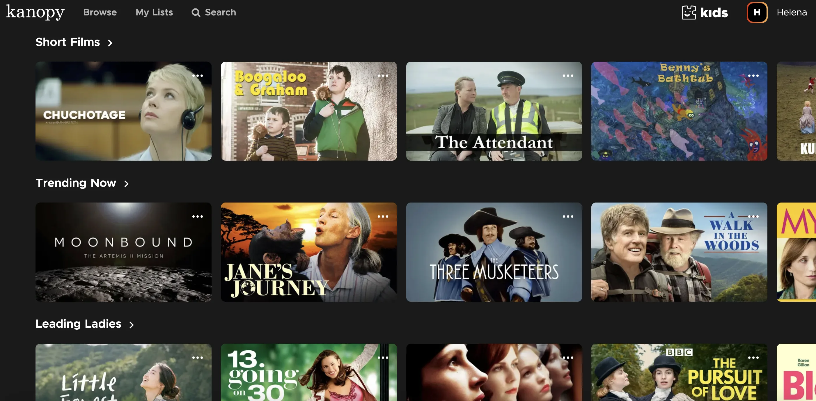 Kanopy browse page showing Short Films, Trending Now, and Leading Ladies categories with titles including Moonbound, Jane's Journey, and The Three Musketeers.