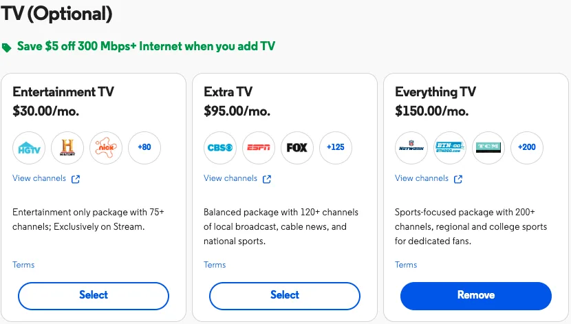 Optimum TV plan options: Entertainment TV at $30 per month with 75+ channels, Extra TV at $95 per month with 120+ channels, and Everything TV at $150 per month with 200+ channels including regional and college sports