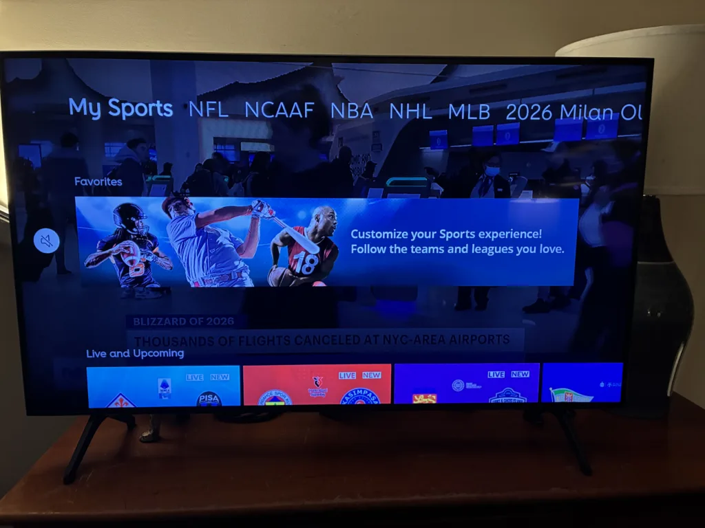 Optimum TV “My Sports” TV Menu showing live and upcoming sports coverage.