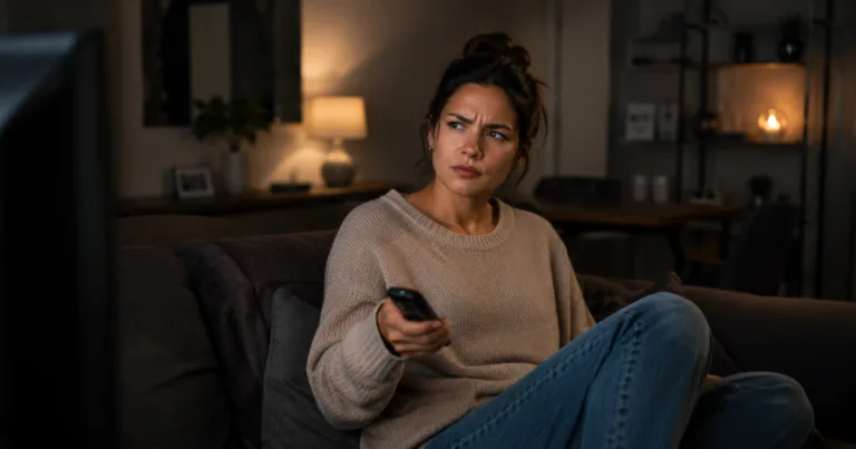 Woman sitting on couch with a concerned expression pointing a remote at a smart TV