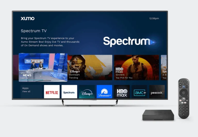 Screenshot from Spectrum TV’s website featuring a smart TV with Xumo, a Xumo stream box, and a remote.