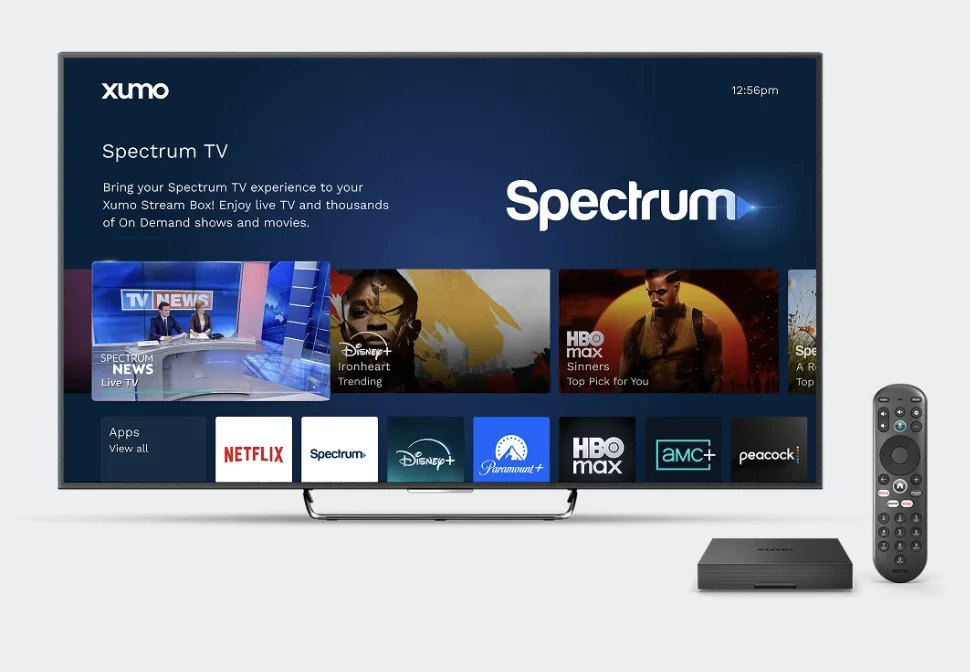 A screenshot of Spectrum’s TV service using the Xumo Stream Box, showing various streaming apps and live news viewing options.