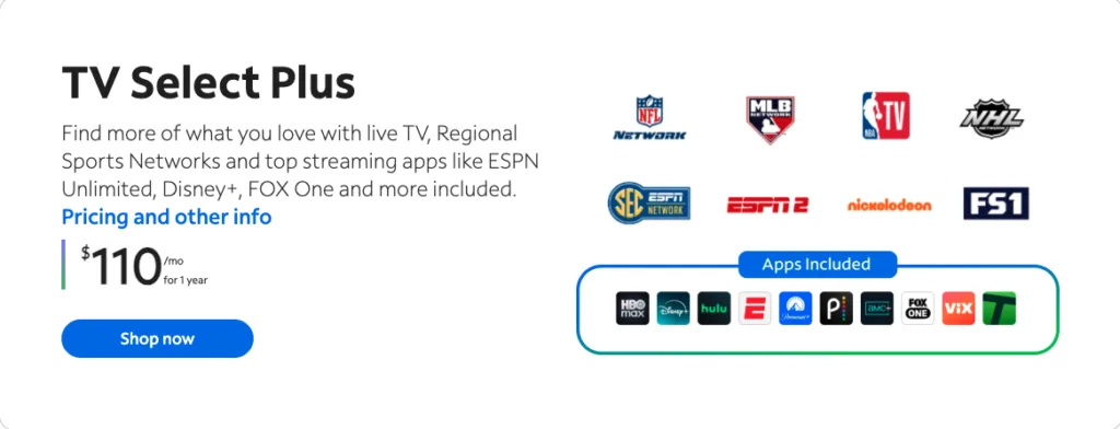 Spectrum TV Select Plus plan promotional graphic showing $110 per month for one year, with included channels such as NFL Network, MLB Network, NBA TV, NHL Network, SEC Network, ESPN2, Nickelodeon, and FS1, plus streaming apps including HBO Max, Disney+, Hulu, ESPN, Paramount+, AMC+, Fox One, ViX, and Philo