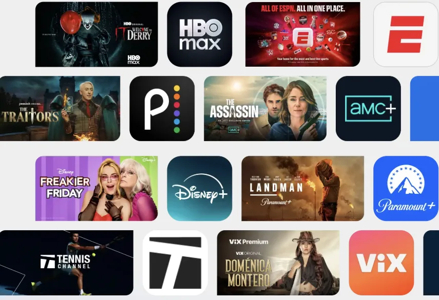 A grid of streaming service app icons and promotional banners, including HBO Max, ESPN, Peacock (The Traitors), PocketCasts, AMC+ (The Assassin), Disney+ (Freakier Friday), Paramount+ (Landman), Tennis Channel, and ViX Premium (Doménica Montero).