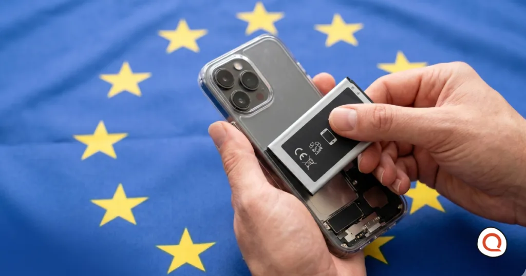 Person replacing smartphone battery in mobile phone with European Union flag in background