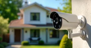 Outdoor home security camera mounted beside house monitoring front yard and entryway