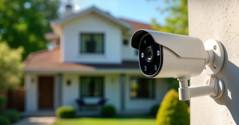 Outdoor home security camera mounted beside house monitoring front yard and entryway