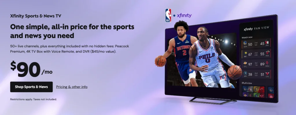 Xfinity Sports & News TV promotional graphic showing the service costs $90 per month and includes 50+ live channels, Peacock Premium, 4K TV Box with Voice Remote, and DVR