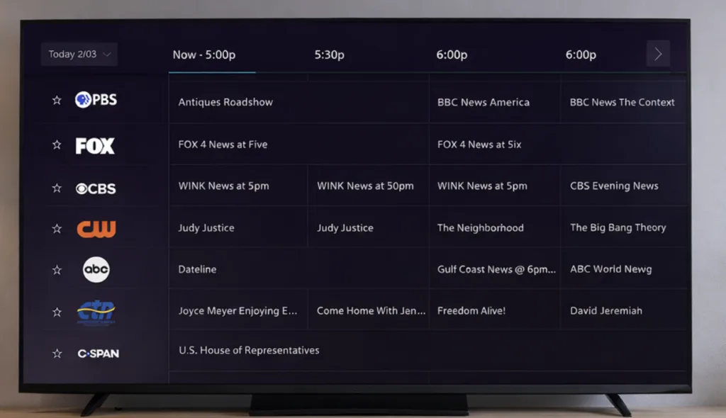 Xfinity TV Guide showing list of channels and show times from 5:00PM to 6:00PM.