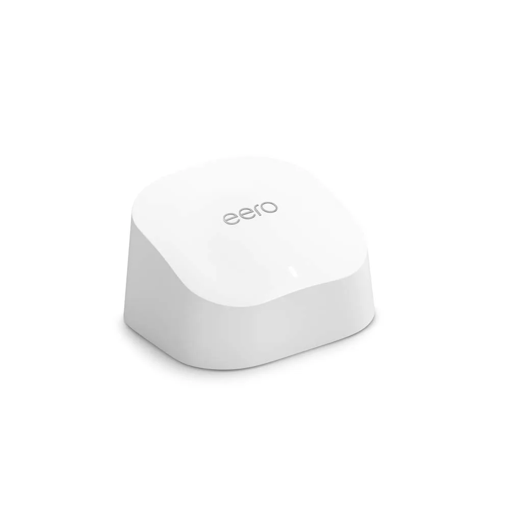 White Amazon Eero mesh router with a rounded design and small status light on a white background.