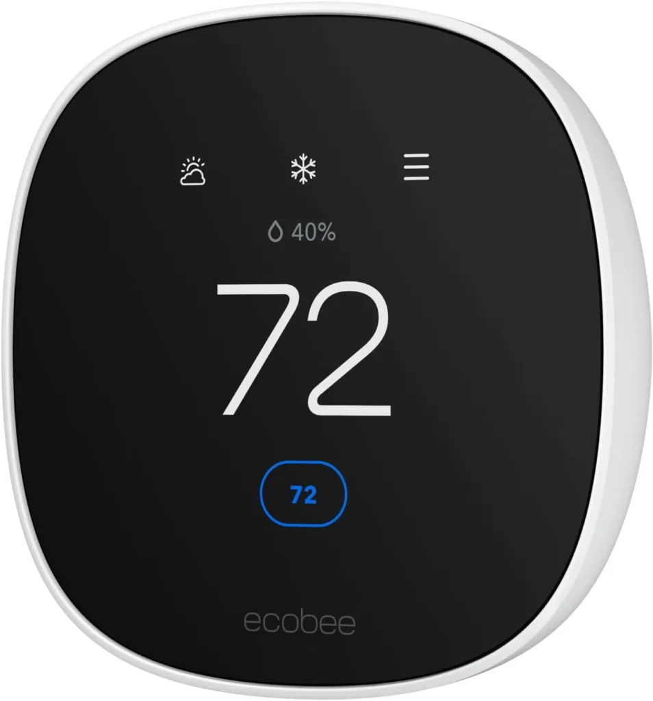 Ecobee smart thermostat with a black touchscreen display showing 72°F, 40% humidity, and weather and cooling icons.
