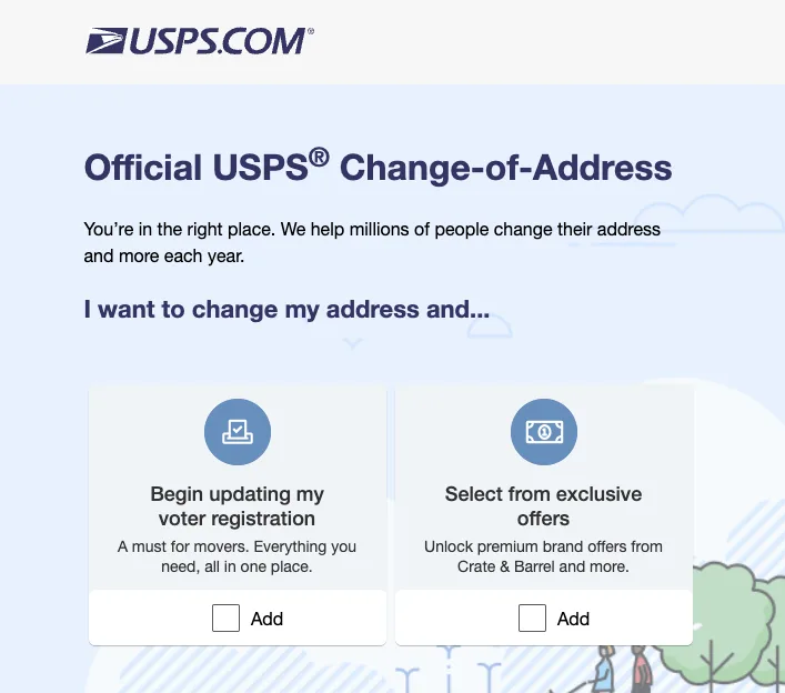 Screenshot of USPS’s Change-of-Address website, showing options to change address and update voter registration or select brand offers.