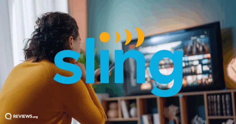 Woman watching TV with the Sling TV logo overlaid in the foreground
