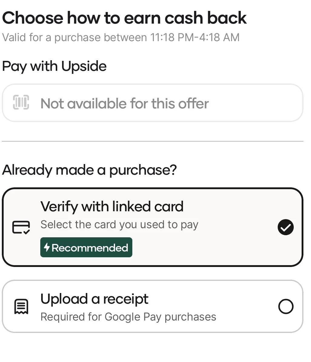 Screenshot of payment page on Upside app for earning cash back on gas purchases.